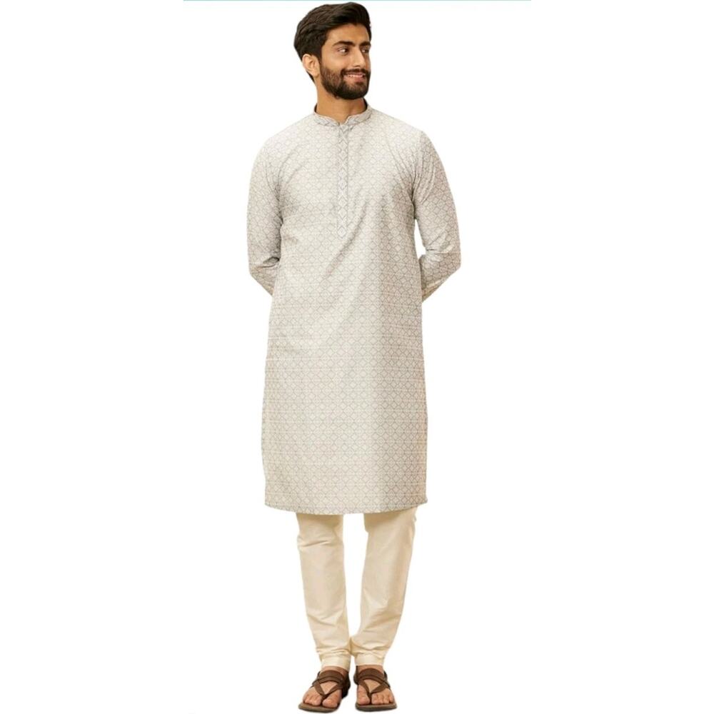 Manyavar Men Blended Cotton Embroidered Kurta Pyjama Set SZ L Gray Top